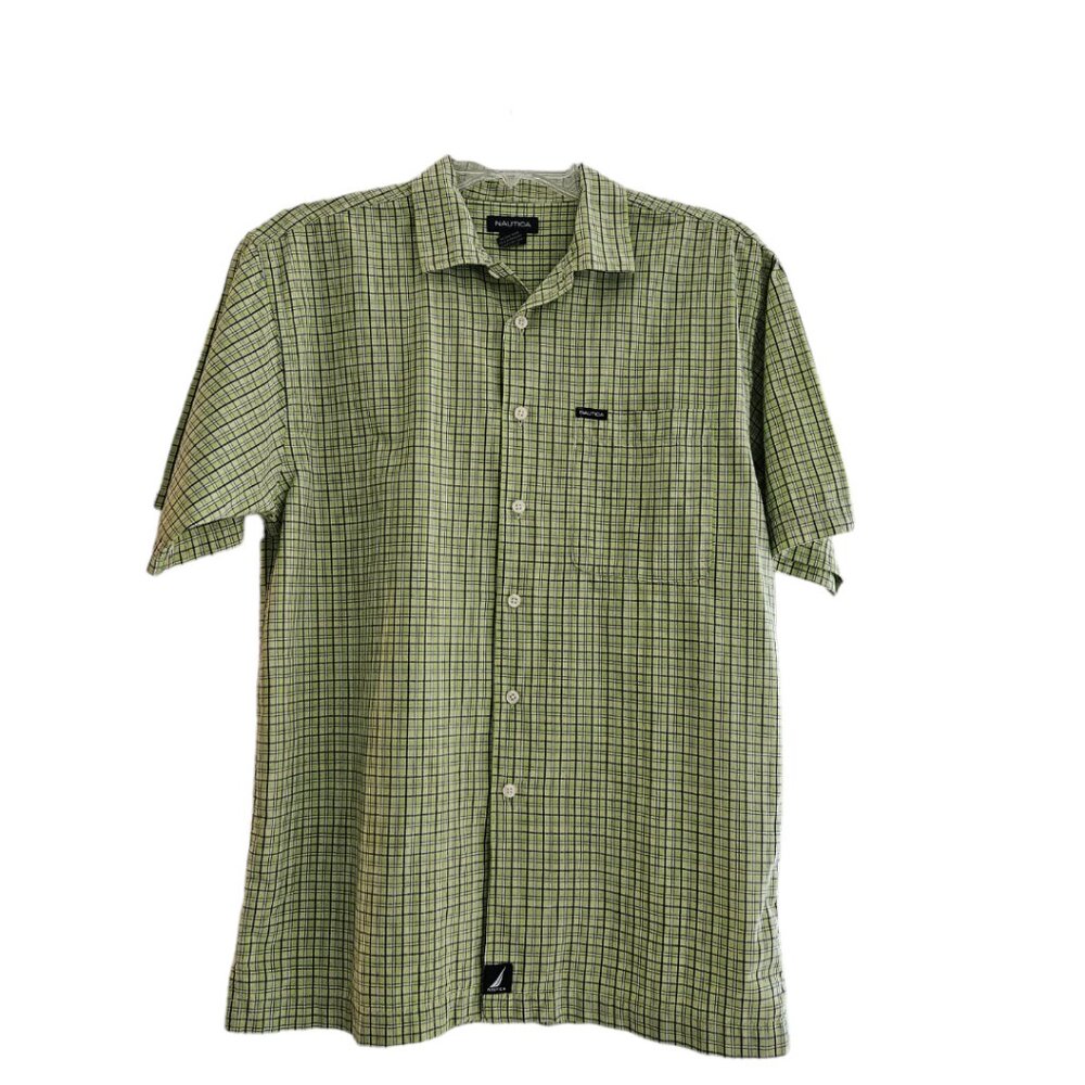Nautica - Men`s Short Sleeve Button Down Green-Black Plaid Collar Shirt Size L